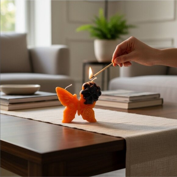 Handmade ✦ Butterfly Skull Candle ✦ Pumpkin Pie Scent w/ Cinnamon Soy Wax - Picture 5 of 6